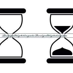 May include: Two black and white hourglass icons. The hourglass on the left is empty, while the hourglass on the right is partially filled with sand.