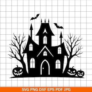 Haunted House SVG PNG DXF, Halloween Haunted House Silhouette, Spooky House Cut File, Pumpkins Bats Clipart for Cricut & Laser Cut