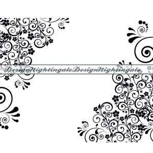 May include: Black and white floral corner design with intricate swirls and small flower accents. This design is perfect for adding a touch of elegance to any project.