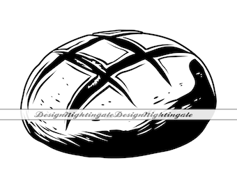 May include: Black and white illustration of a round loaf of bread with a cross pattern on top.