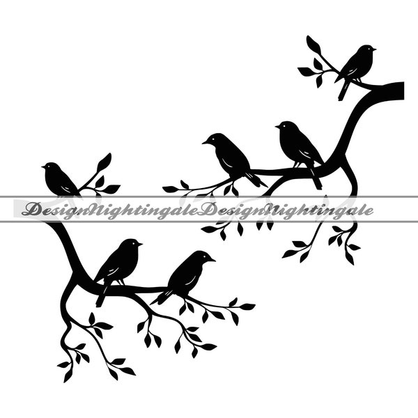 Vögel auf Baum Zweig #2 SVG, Vogel auf Ast SVG, Baum Ast SVG, Clipart, Dateien für Cricut, Schnittdateien für Silhouette, DXF, Png, Eps, Vektor