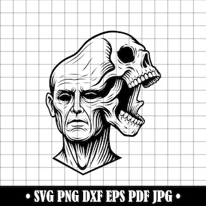 Skull Face Split SVG PNG DXF, Horror Skull Head Vector, Creepy Skeleton Mask Clipart, Gothic Tattoo Design for Cricut and Silhouette