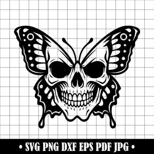 Butterfly Skull SVG PNG DXF, Gothic Skull Butterfly Cut File, Tattoo Style Skull Silhouette, Cricut and Silhouette Vector Design