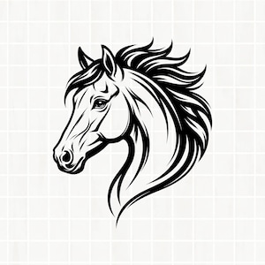 Può includere: Illustrazione in bianco e nero della testa di un cavallo di profilo. Le linee dettagliate evidenziano l'occhio, la criniera fluente e il collo del cavallo. L'immagine è su uno sfondo a griglia. Il design è elegante e cattura la forma del cavallo.