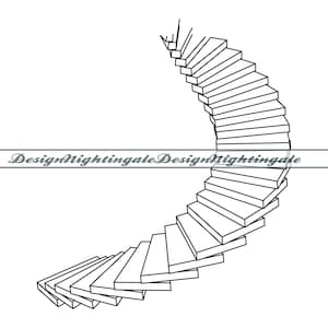May include: A black and white line drawing of a spiral staircase. The staircase is drawn in perspective, with the steps getting smaller as they go up.
