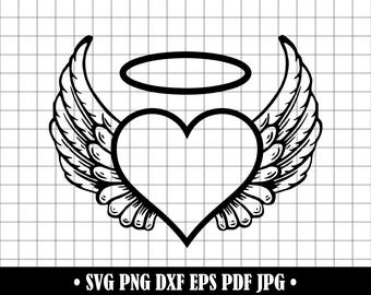 Skrzydła anioła w kształcie serca SVG, serce z aureolą PNG, plik z wyciętym sercem w formacie DXF, projekt Cricut ze skrzydlatym sercem, pobieranie duchowych clipartów