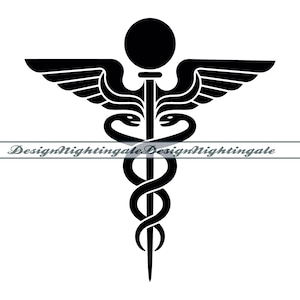 May include: A black and white medical symbol, also known as the Rod of Asclepius, featuring a snake wrapped around a staff with a single wing on each side.