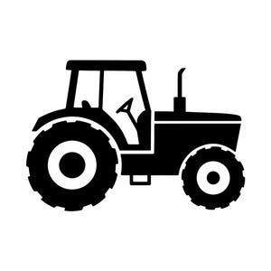 May include: Black silhouette of a tractor on a white background. The tractor has large rear wheels, a smaller front wheel, a cab with a steering wheel, and a smokestack. The design is simple and graphic.