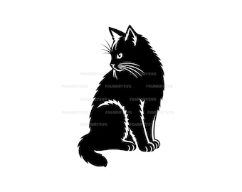 Sitting Fluffy Black Cat Silhouette SVG Cut File