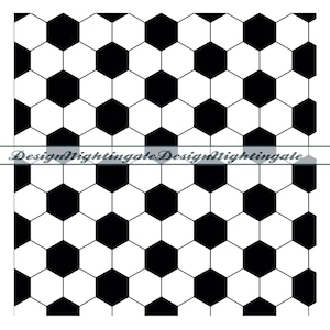 May include: Black and white soccer ball pattern. The pattern is made up of repeating hexagons.