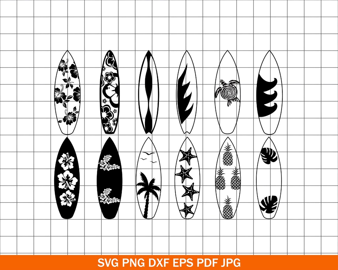 Surfboard SVG PNG DXF Bundle, Tropical Beach Hibiscus Vector, Summer ...