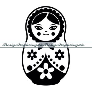 May include: Black and white illustration of a traditional Russian nesting doll, or matryoshka doll. The doll is wearing a floral patterned dress and has a smiling face.
