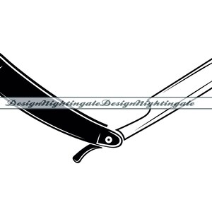 以下が含まれることがあります： 刃とハンドルが付いたストレートシェーバーの白黒イラスト
