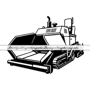 Puede incluir: Ilustración en blanco y negro de una máquina de pavimentación de carreteras. La máquina tiene una tolva grande y abierta en la parte delantera y un juego de orugas en la parte trasera.