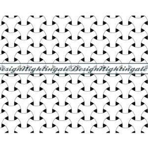 May include: Black and white geometric pattern with a repeating design of interlocking circles and arcs. The pattern is seamless and can be used for a variety of purposes, such as wallpaper, fabric, or wrapping paper.