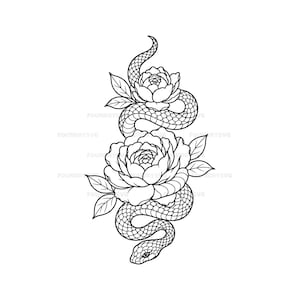 Puede incluir: Una ilustración de arte lineal en blanco y negro que muestra una serpiente enroscada que se entrelaza entre dos grandes flores de peonía en flor con pétalos y hojas detallados. El diseño es limpio, con contornos marcados y escamas.