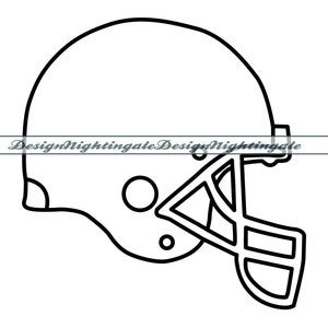 May include: A black and white outline drawing of a football helmet. The helmet has a face mask and a chin strap.