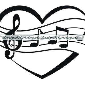May include: Black and white illustration of a treble clef and musical notes inside a heart shape.