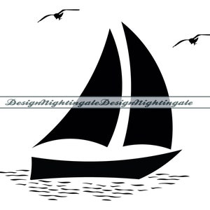 May include: Black silhouette of a sailboat with sails raised, sailing on a wavy sea with two seagulls flying overhead.