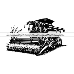 May include: Black and white illustration of a combine harvester in a field, cutting through tall grass. The image features the text "DesignNightingale" in a banner across the image. The harvester has large tires and a detailed design.