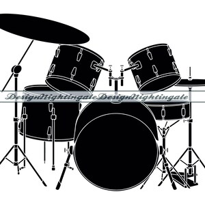 May include: A black and white silhouette of a drum set with a bass drum, snare drum, two tom-toms, and a cymbal.