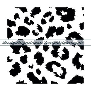 May include: Black and white leopard print pattern. The pattern is made up of irregular black spots on a white background.