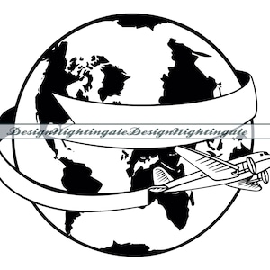 Può includere: Illustrazione in bianco e nero di un globo con un aereo che vola intorno. Il globo ha i continenti delineati e l'aereo ha un'elica.
