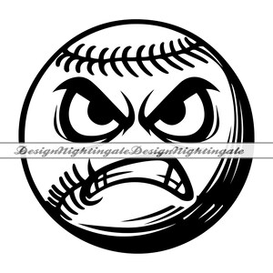 Może przedstawiać: Czarno-biała ilustracja baseballa z wściekłym wyrazem twarzy. Piłka baseballowa ma szwy i zmarszczone czoło.