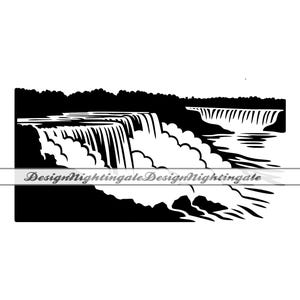 May include: Black and white silhouette illustration of Niagara Falls, a large waterfall with a cascading flow of water.
