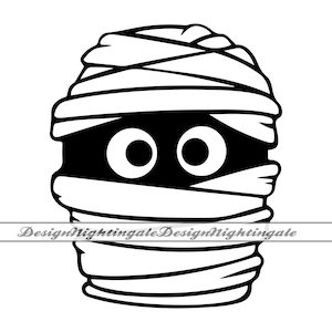 May include: Black and white line art illustration of a mummy with large eyes. The mummy is wrapped in bandages and has a simple cartoon style.