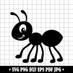 Puede incluir: Ilustración de una hormiga de dibujos animados negra con una cara sonriente, antenas y seis patas. La hormiga es una silueta sobre un fondo de cuadrícula. La parte inferior de la imagen incluye el texto: SVG PNG DXF EPS PDF JPG.