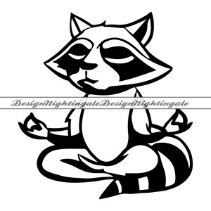 May include: Black and white illustration of a raccoon in a seated yoga pose. The raccoon has closed eyes and is in the lotus position, with its paws in a meditative gesture. The text "DesignNightingale" is across the image.