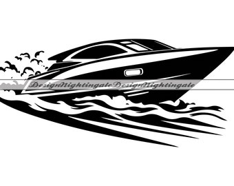 May include: Black and white silhouette of a speedboat cutting through the water, creating a wave behind it.