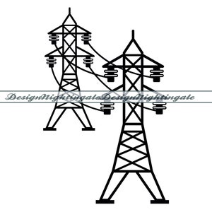 May include: Black and white line drawing of two electrical power transmission towers with crossbars and insulators. The towers are connected by power lines.