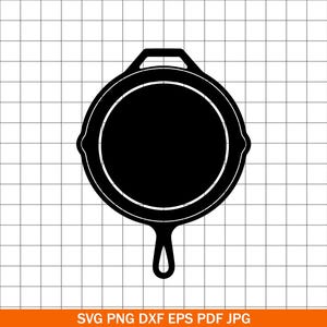 May include: A black cast iron skillet silhouette with a handle and a loop for hanging. The skillet is round with a raised rim and a small spout on the side. The image includes the text "SVG PNG DXF EPS PDF JPG" at the bottom.