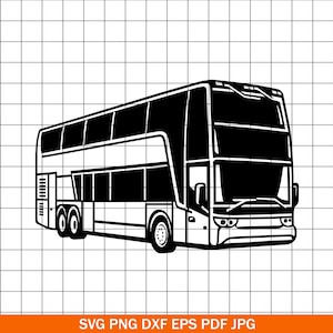 May include: Black and white illustration of a double-decker bus. The bus has two levels with multiple windows, two axles with four wheels, and a front windshield. The image is a vector graphic, suitable for various digital applications.