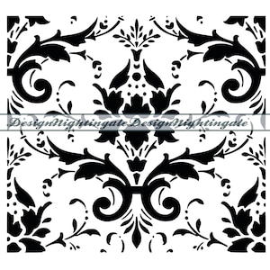 May include: Black and white damask pattern with a floral design. The pattern is symmetrical and features intricate details.