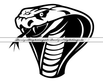 May include: Black and white illustration of a cobra snake with its hood raised, showing its fangs. The snake is facing the right side of the image.