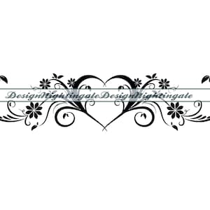 May include: Black and white floral design with a heart shape in the center. The design is made up of swirls and leaves with small flowers.
