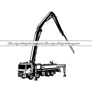 May include: Black and white illustration of a concrete pump truck with a long, articulated boom.