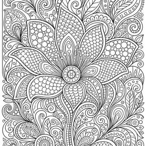 May include: A black and white coloring page featuring a large central flower with intricate petals filled with various patterns including scales, dots, and lines, surrounded by dense swirling foliage, leaves, and decorative geometric shapes.