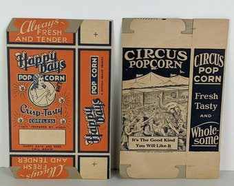 2 Vintage 1930s Popcorn Boxes Happy Days and Circus ~ National Carton Co.