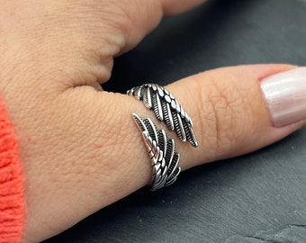 Anillo de alas de ángel de plata, anillo grueso ajustable, anillo de plata boho, anillo de plata de ala de ángel, anillo de pulgar, regalos para ella, regalo de Navidad