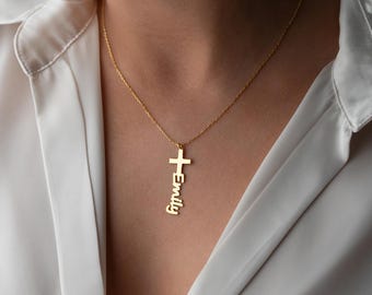 Personalized Sterling Silver Cross Necklace with Name, 14 K Gold Plated Custom Cross Necklace, Baptism Gift, Gift for Her, Christmas Gift