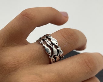 Silver Fish Ring, Open Adjustable Animal Ring, Thumb Thick Chunky Ring, Gift for Her