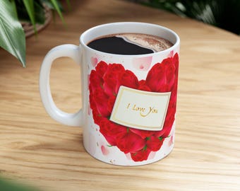 Love Script Rose Heart Mug | Ceramic Coffee Cup