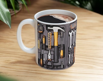 Tool Chest Pattern Mug | Ceramic Coffee Cup with Wrenches & Screwdrivers