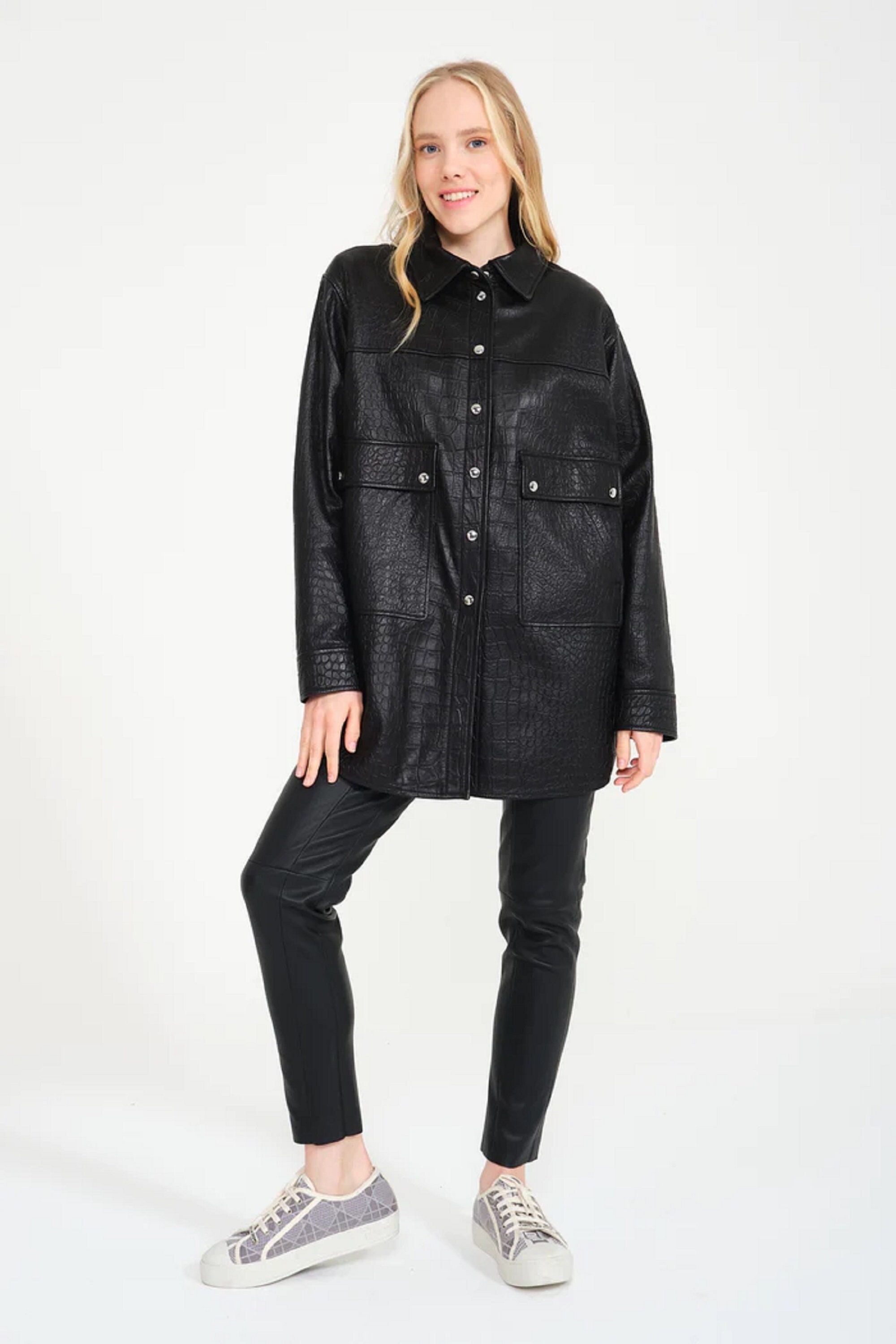 Faux Leather Croc Print Oversized Trench Coat
