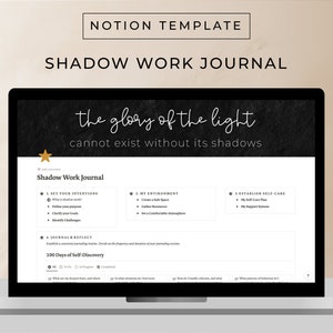 Könnte beinhalten: Ein Screenshot einer Notion-Vorlage für ein Schattenarbeitsjournal. Die Vorlage trägt den Titel "Shadow Work Journal" und enthält Abschnitte zum Setzen von Absichten, zum Schaffen einer Umgebung, zum Aufbau von Selbstpflege und zum Journalisieren und Reflektieren. Die Vorlage enthält auch einen Abschnitt für eine 100-tägige Selbstfindungsreise.