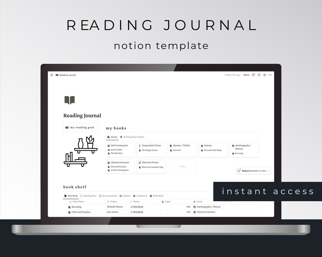 Digital Reading Journal | Notion Dashboard | Book Tracker Template - Etsy